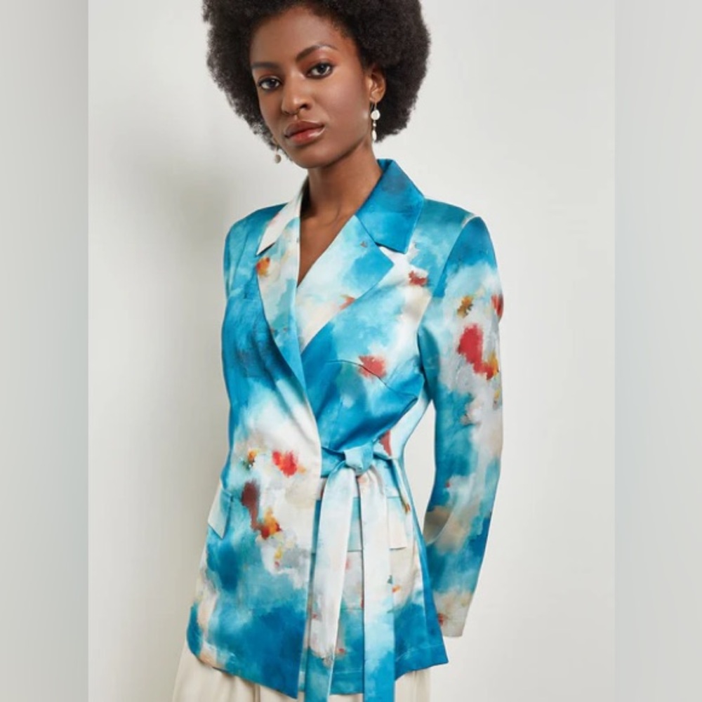 NWT Misook Watercolor Side Tie Crepe Tailored Jacket Size XL
